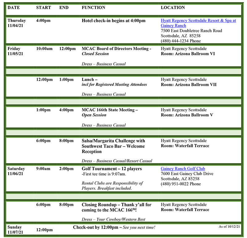 MCAC 166th State Meeting Schedule of Events